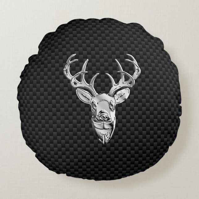 Silver Deer Head in Carbon Fiber Style Round Pillow (Front)