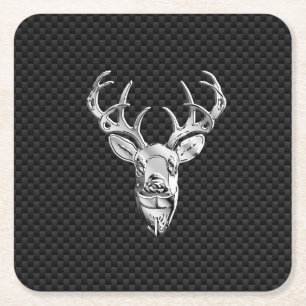 Silver Deer Head in Carbon Fibre Style Square Paper Coaster