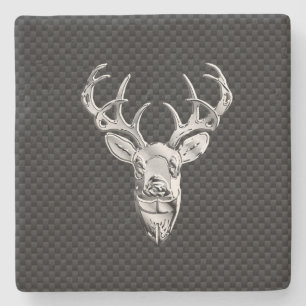 Silver Deer Head in Carbon Fibre Style Stone Coaster