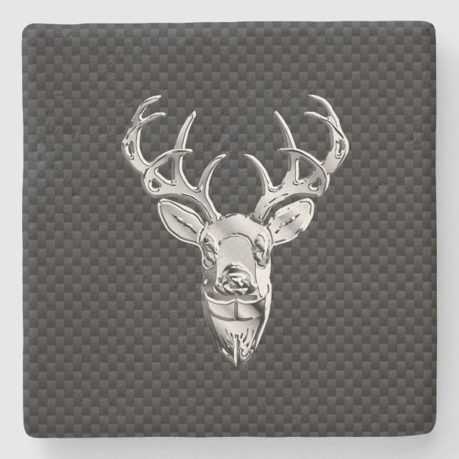 Silver Deer Head in Carbon Fibre Style Stone Coaster (Front)