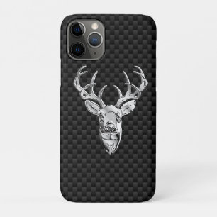 Silver Deer Head on Carbon Fibre Style Print iPhone 11 Pro Case
