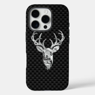 Silver Deer Head on Carbon Fibre Style Print iPhone 16 Pro Case