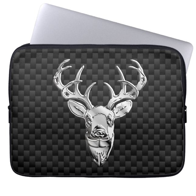 Silver Deer on Carbon Fibre Style Print Laptop Sleeve (Front)