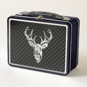 Silver Deer on Carbon Fibre Style Print Metal Lunch Box