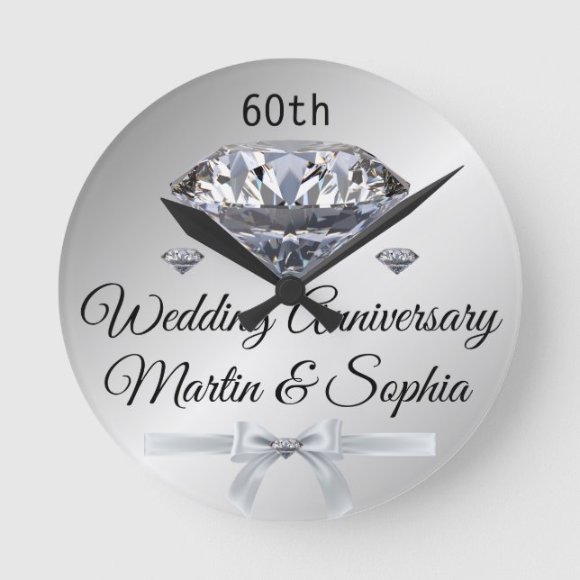 Silver Diamond 60th Anniversary Gift for Wife on  Round Clock (Front)