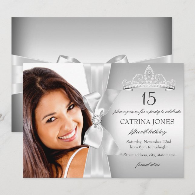 Silver Diamond Bow & Tiara Quinceanera Invite (Front/Back)