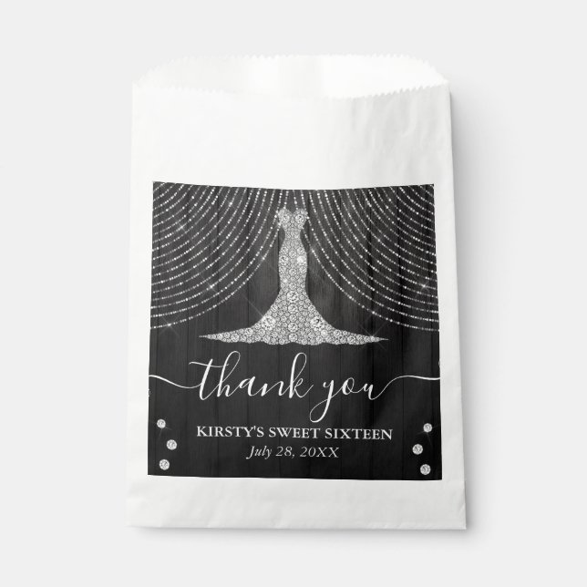 Silver Diamond Dress on Black Wood Sweet Sixteen Favour Bag (Front)