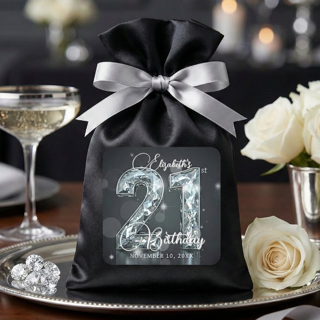 Silver Diamond Glamour Black 21st Birthday Party Square Sticker (Creator Uploaded)