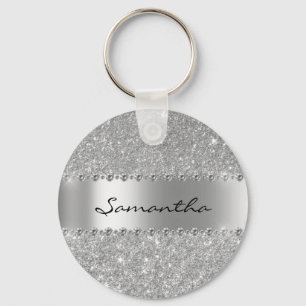 Silver Diamond Glitter Bling Metallic Monogram Keychain