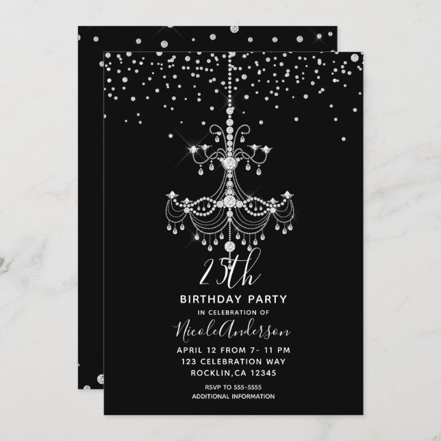 Silver Diamond Glitter Chandelier Birthday Party Invitation (Front/Back)