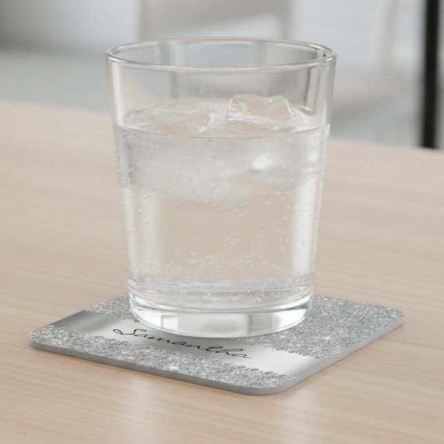 Silver Diamond Glitter Look Bling Sparkle Square Paper Coaster (Creator Uploaded)