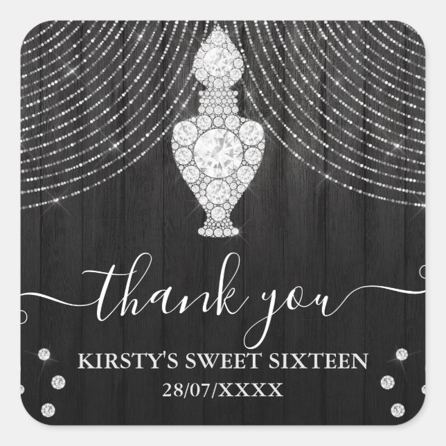Silver Diamond Perfume Bottle Sweet Sixteen Square Sticker (Front)