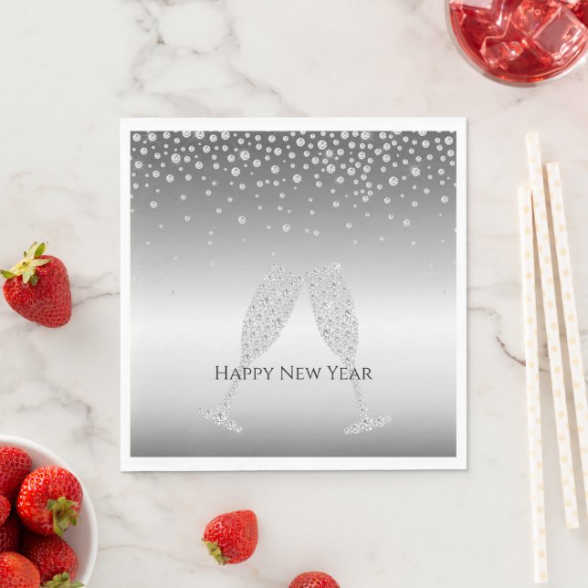 Silver Diamond Sparkle Champagne Glass New Year's Napkin (Insitu)