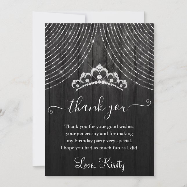 Silver Diamond Tiara on Black Wood Birthday Party Thank You Card (Front)
