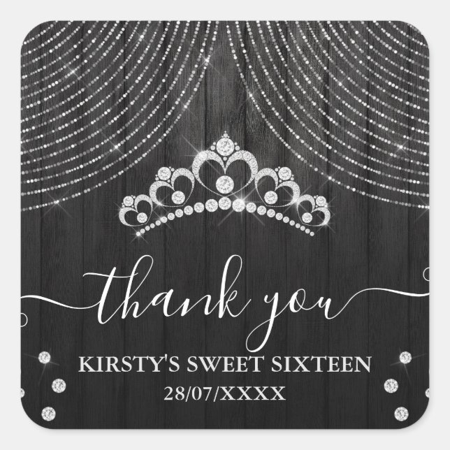 Silver Diamond Tiara on Black Wood Sweet Sixteen Square Sticker (Front)