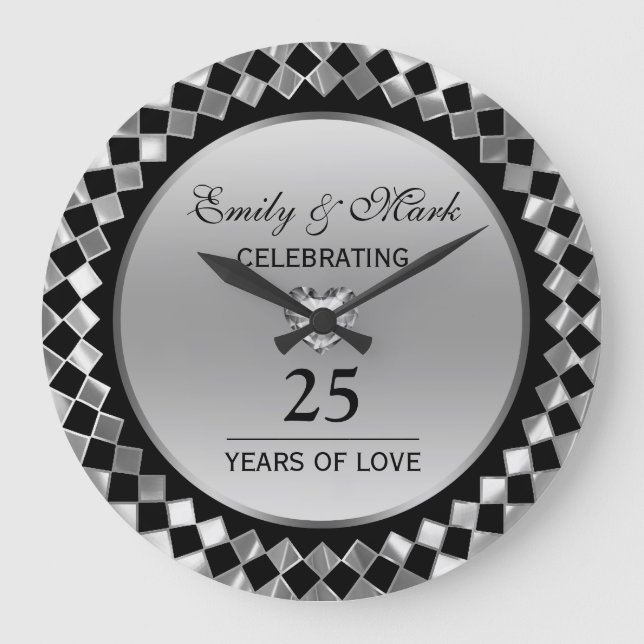 Silver Diamonds And Heart- 25th Anniversary Large Clock (Front)