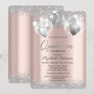 Silver Diamonds Balloons Rose Gold Quinceañera Invitation