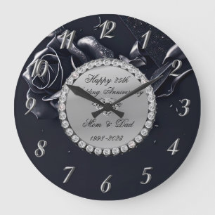  Silver Diamonds Black Rose 25th Anniversary Large Clock
