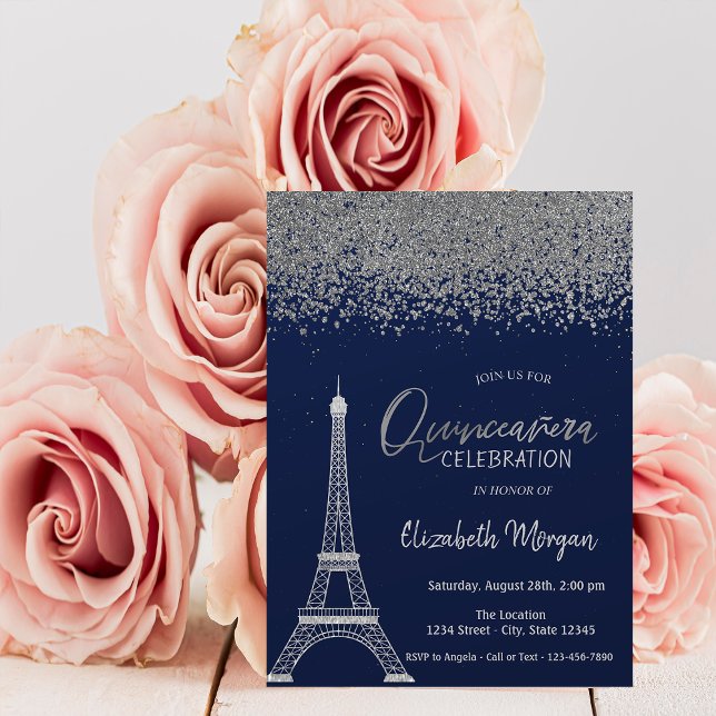 Silver Diamonds,Eiffel Tower Navy Blue Quinceanera Invitation (Creator Uploaded)