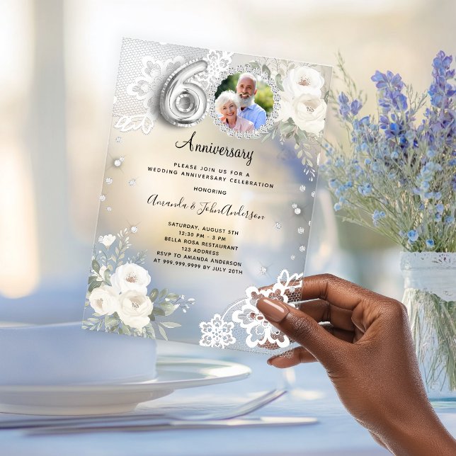 Silver diamonds florals 60th wedding anniversary acrylic invitations (Creator Uploaded)