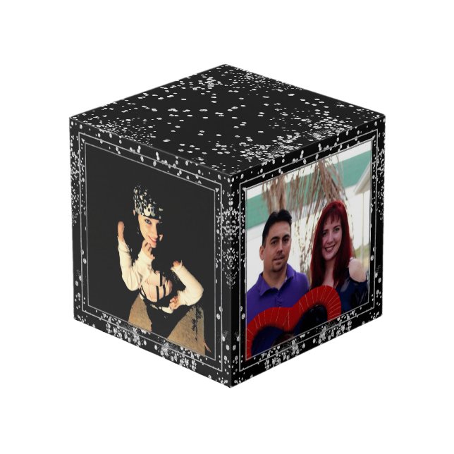 Silver Diamonds Glitter Black Personalized Custom Cube (Front Angled)
