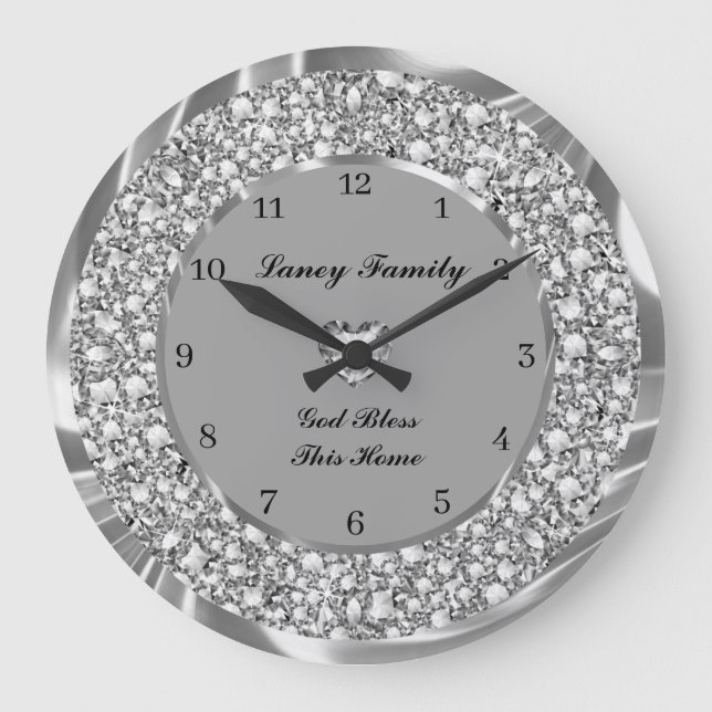 Silver Diamonds Heart Large Clock (Front)
