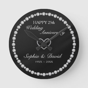 Silver Diamonds Heart  Round Clock