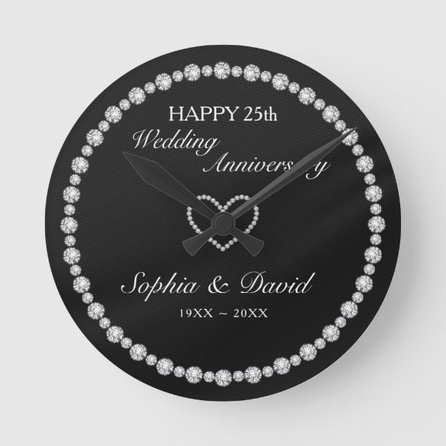 Silver Diamonds Heart  Round Clock (Front)