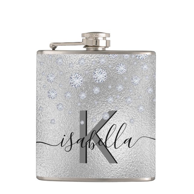 Silver diamonds monogram name script hip flask (Front)
