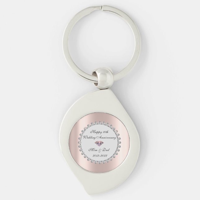 Silver Diamonds Rose Gold 10th Wedding Anniversary Keychain (Front)
