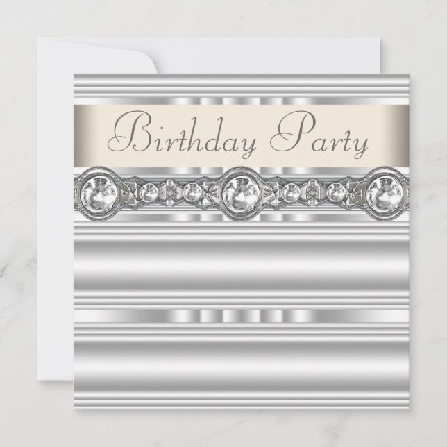 Silver Diamonds White Ivory Cream Birthday Party Invitation (Front)