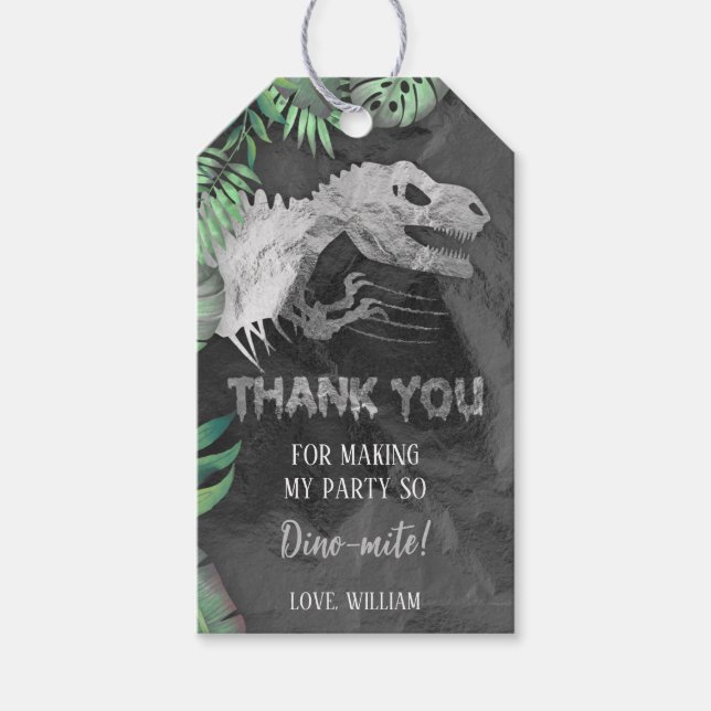 Silver Dinosaur Roar Birthday Gift Tags (Front)