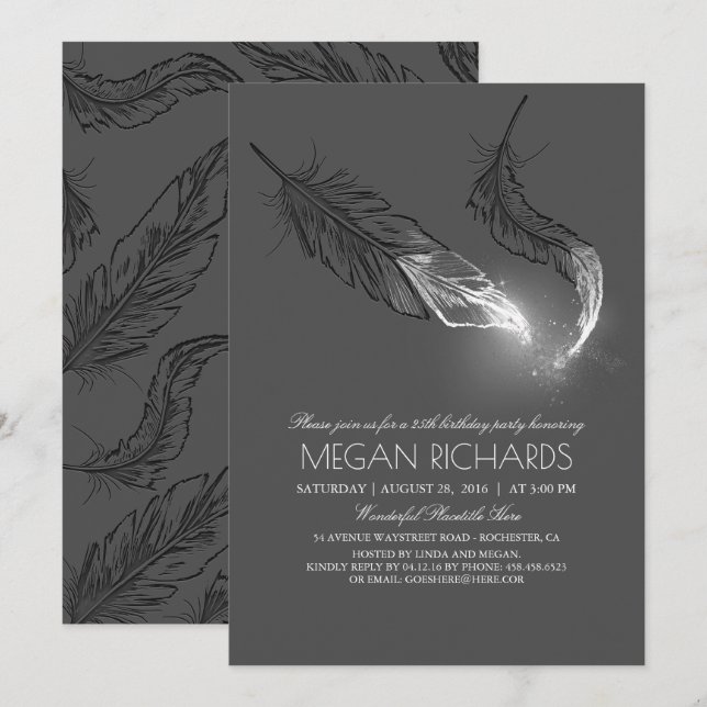 Silver Dipped Feathers Glitter Birthday Party Invitation (Front/Back)