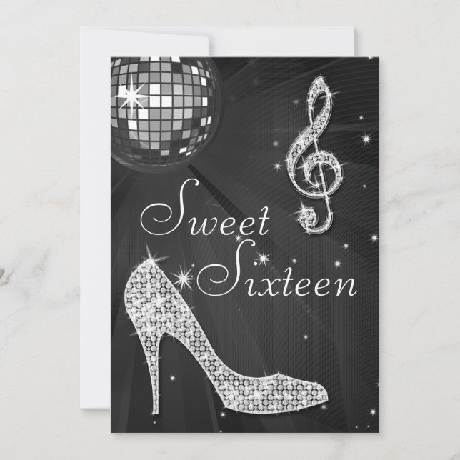 Silver Disco Ball and Sparkle Heels Black Sweet 16 Invitation (Front)