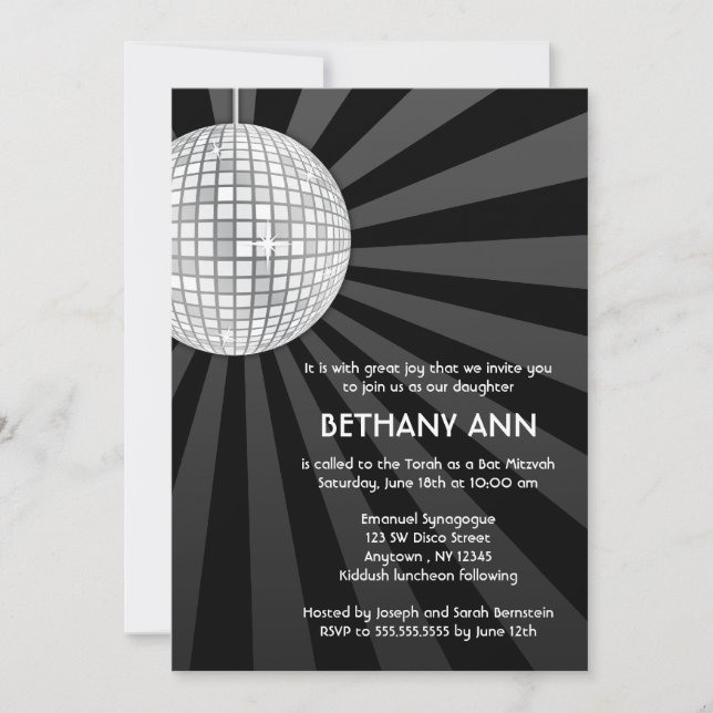 Silver Disco Ball Bat Mitzvah Invitations (Front)