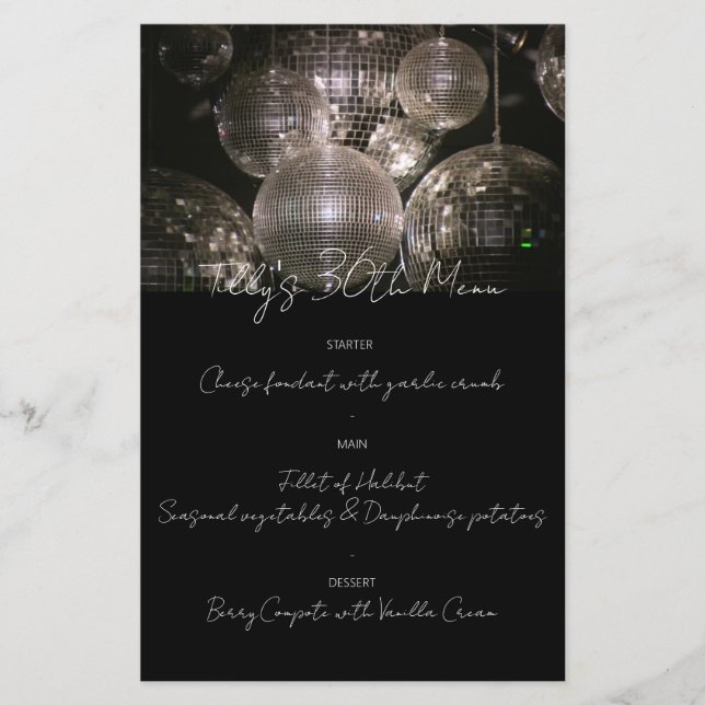 Silver disco ball birthday dinner party menu (Front)