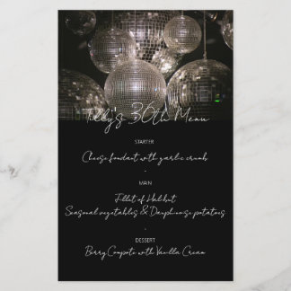 Silver disco ball birthday dinner party menu