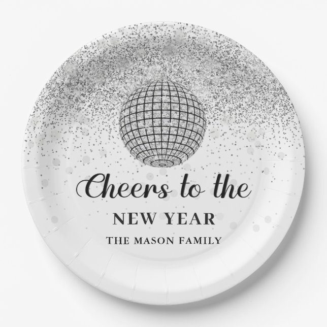 Silver Disco Ball Cheers New Years Eve Party Paper Plate (Front)