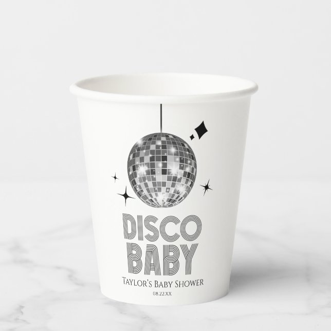 Silver Disco Ball 'Disco Baby' Baby Shower Paper Cups (Front)