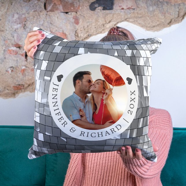 Silver Disco Valentine's Day with Photo & Text Throw Pillow (Silver Disco Valentine's Day with Photo & Text Throw Pillow)