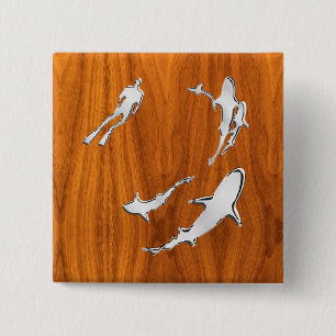 Silver Diver with Sharks on Teak Veneer Style 2 Inch Square Button