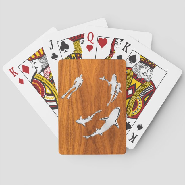 Silver Diver with Sharks on Teak Veneer Style Playing Cards (Back)