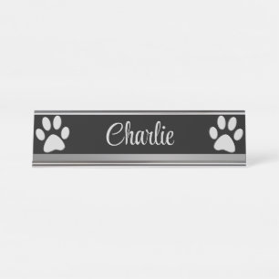  Silver Dog Paw on black background Desk Name Plate