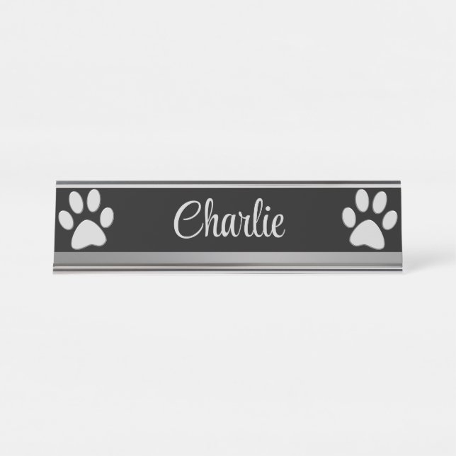  Silver Dog Paw on black background Desk Name Plate (Front)