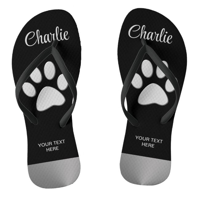  Silver Dog Paw on black background Flip Flops (Footbed)
