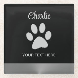  Silver Dog Paw on black background Glass Coaster