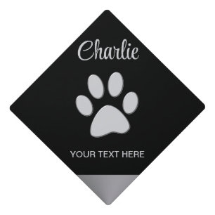  Silver Dog Paw on black background Graduation Cap Topper