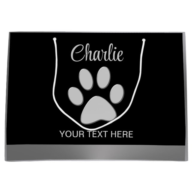  Silver Dog Paw on black background Large Gift Bag (Front)