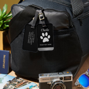Silver Dog Paw on black background Luggage Tag