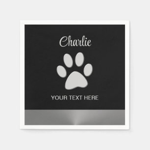  Silver Dog Paw on black background Napkin